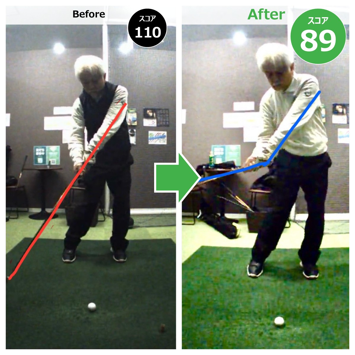 Oさん/年齢65才/ゴルフ暦35年/レッスン歴9ヵ月/スコア110→89