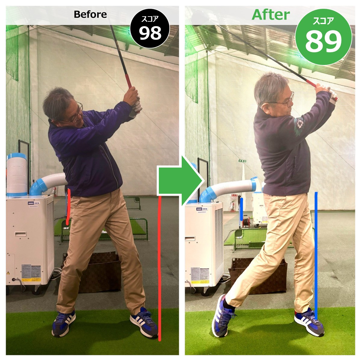 Mさん/年齢61才/ゴルフ暦15年/レッスン歴2ヶ月/スコア98→89