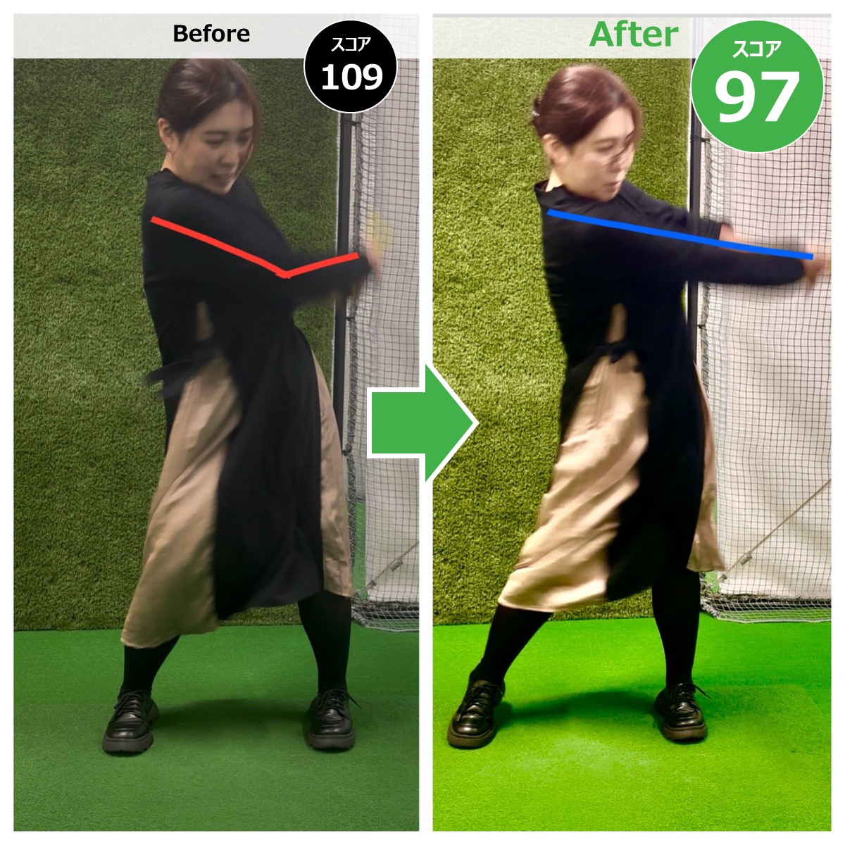 Kさん/年齢35才/ゴルフ暦3年/レッスン歴3ヶ月/スコア109→97