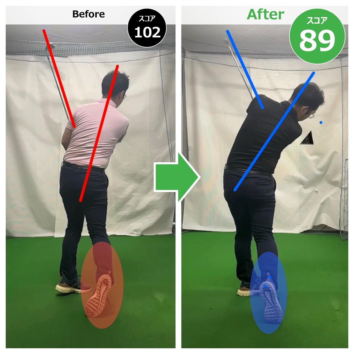 Tさん/年齢43才/ゴルフ暦7年/レッスン歴4ヶ月/スコア102→89